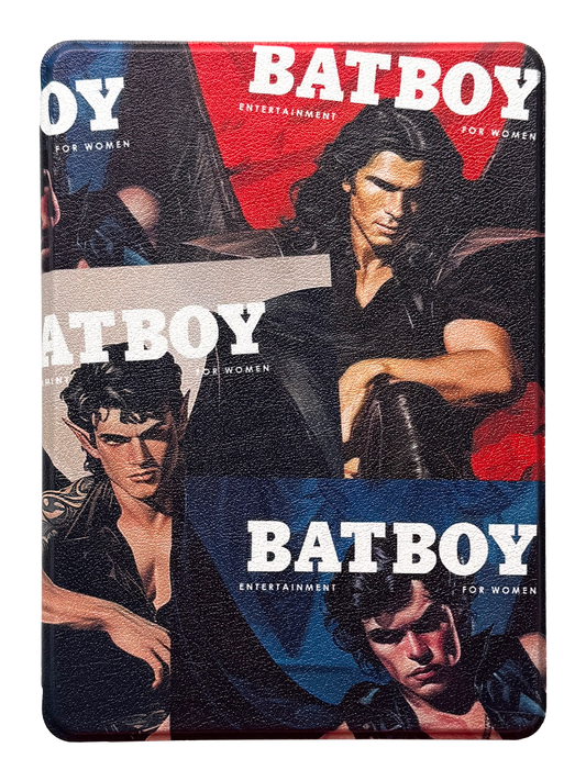 Photo of the front of a Bibliophile kindle case that has magazines collaged on it that say "Batboy" "Entertainment for women"