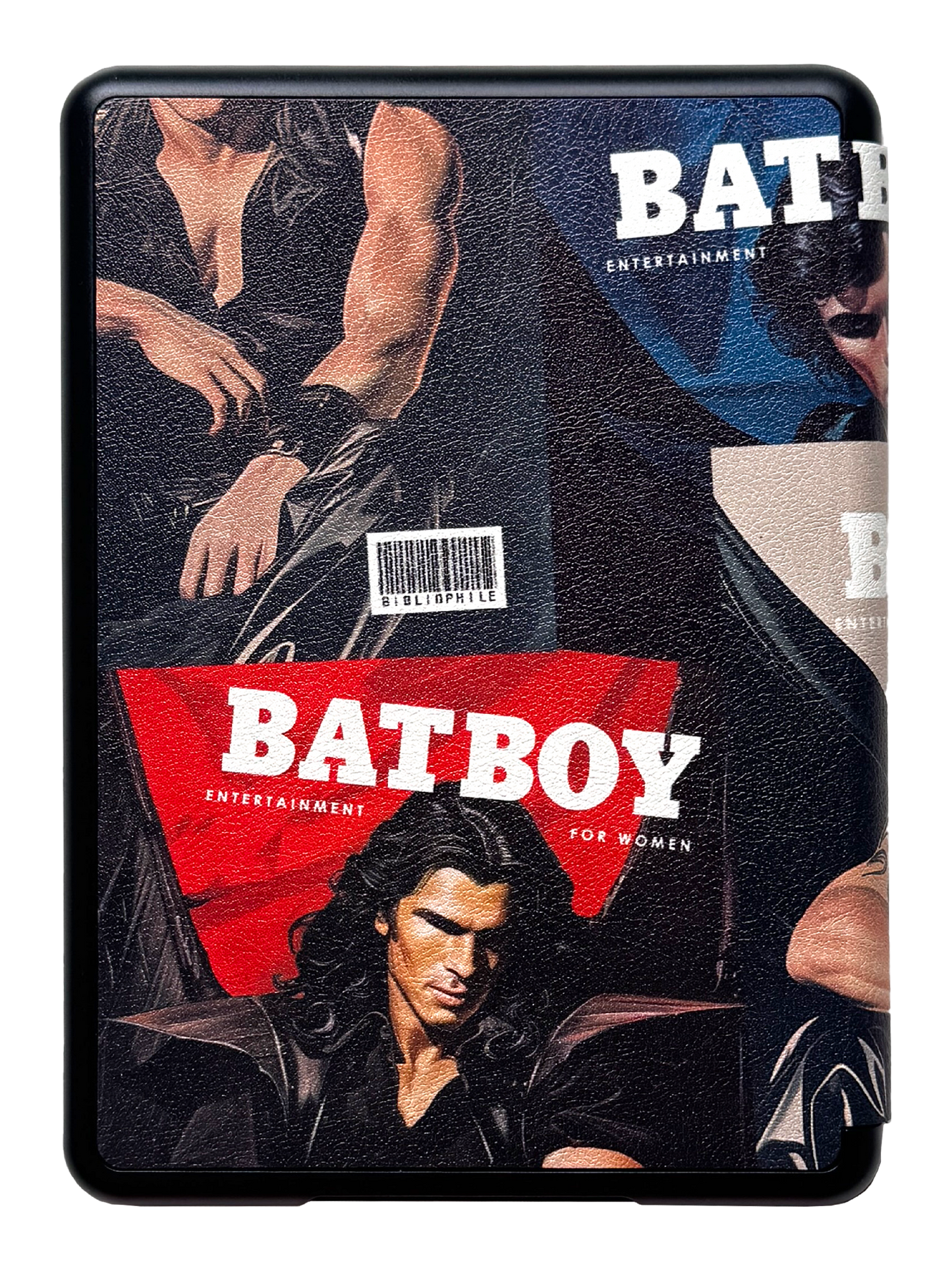 Photo of the back of a Bibliophile kindle case that has magazines collaged on it that say "Batboy" "Entertainment for women"
