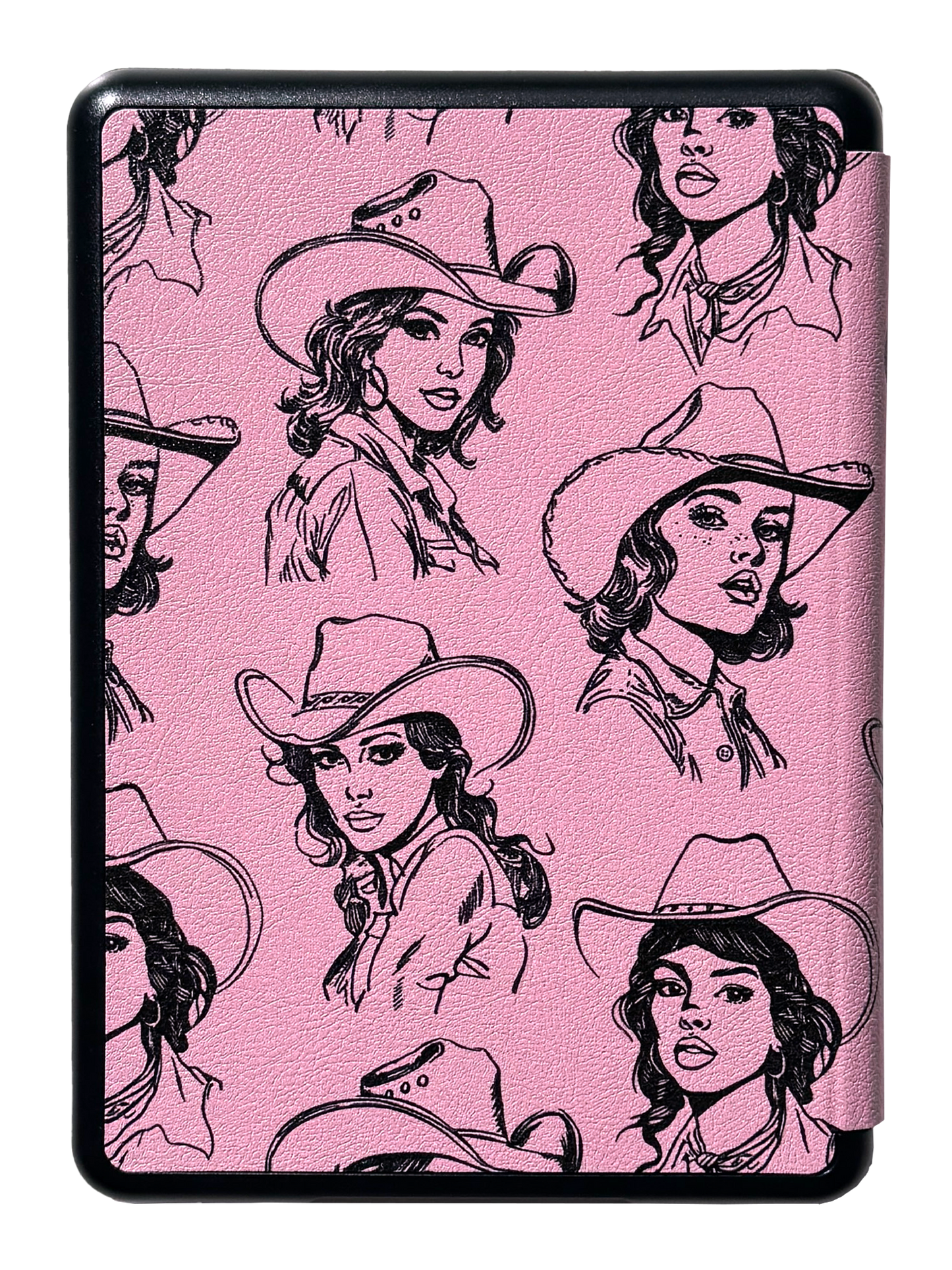 Photo of the back of a bibliophile kindle case with hand drawn cowgirls on the front on a pink background