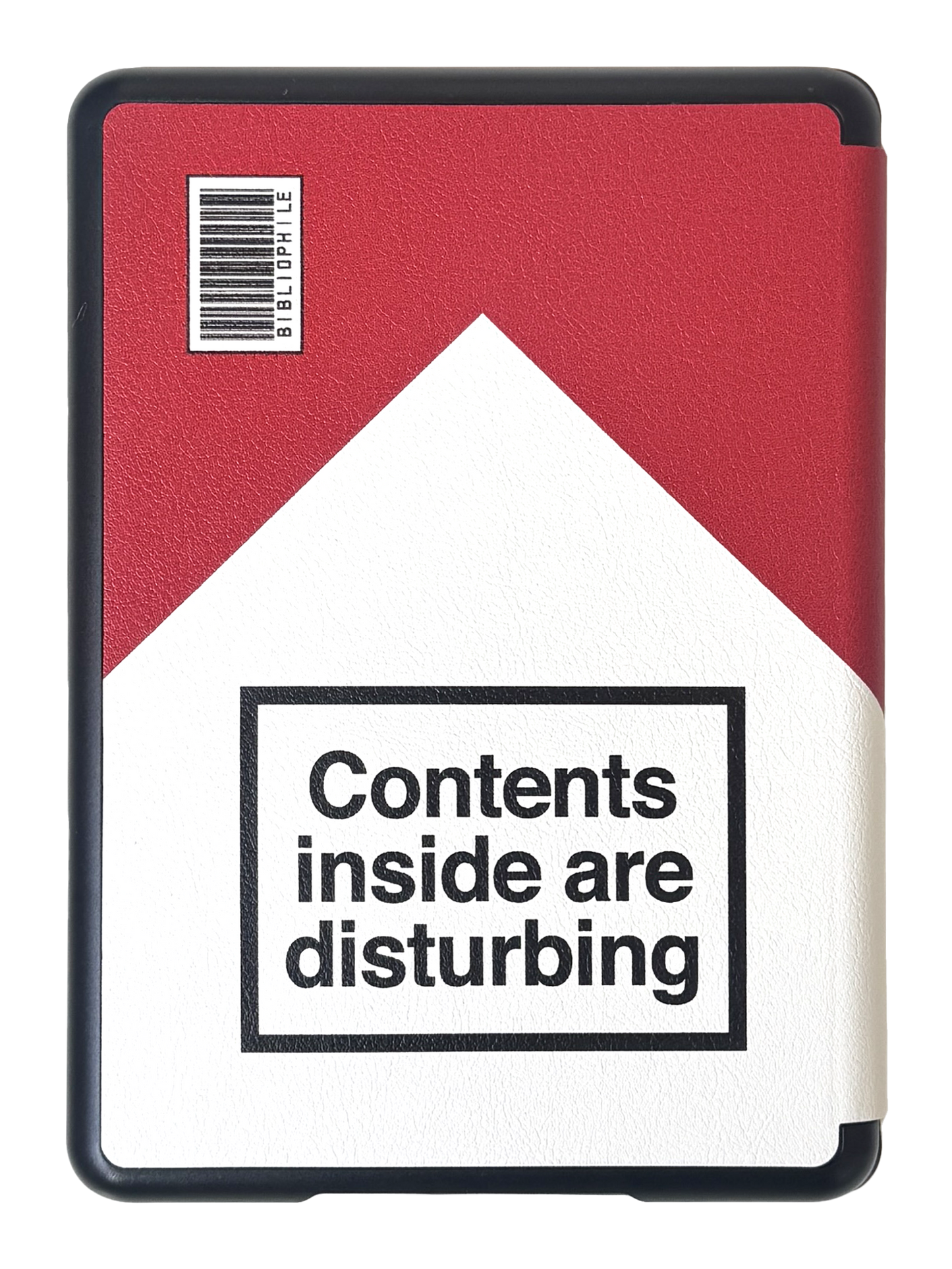 Vintage inspired kindle case that looks like a cigarette and says "contents inside are disturbing"