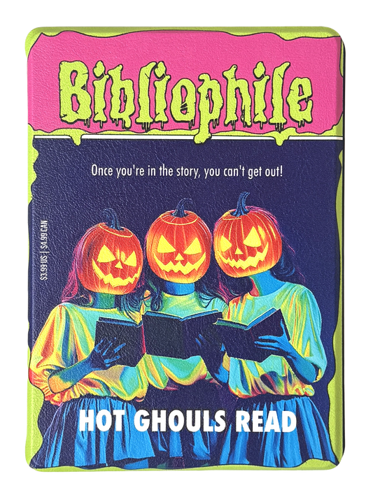 Kindle case with a vintage design on it of jackolantern girls reading books