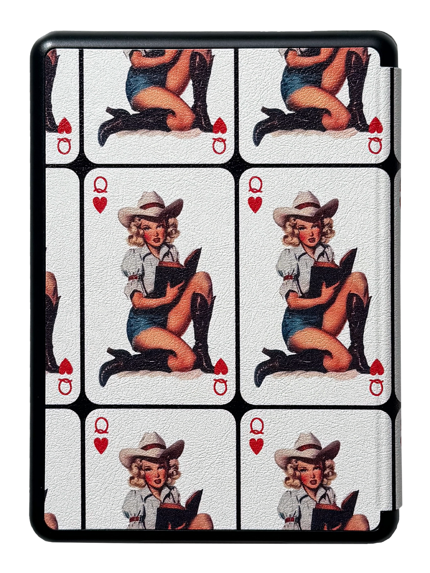 Photo of the back of a Bibliophile kindle case with playing cards on it that has a cowgirl reading a book on the cards.