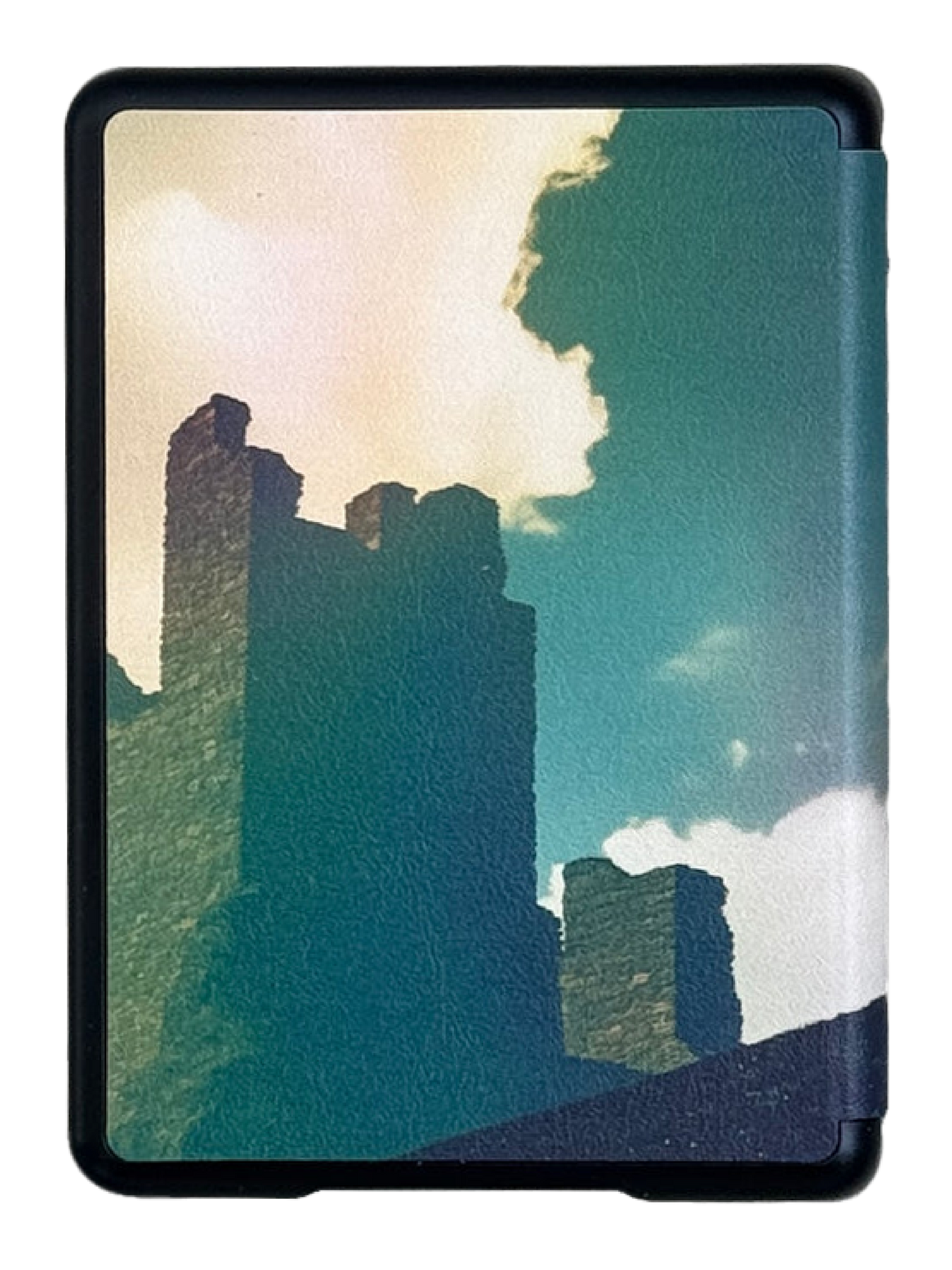 Photo of the back of a bibliophile kindle case that has a castle on it