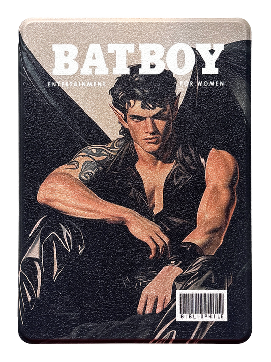 Photo of the front of a kindle case that says "BATBOY" and "Entertainment for women" with a photo of Rhysand