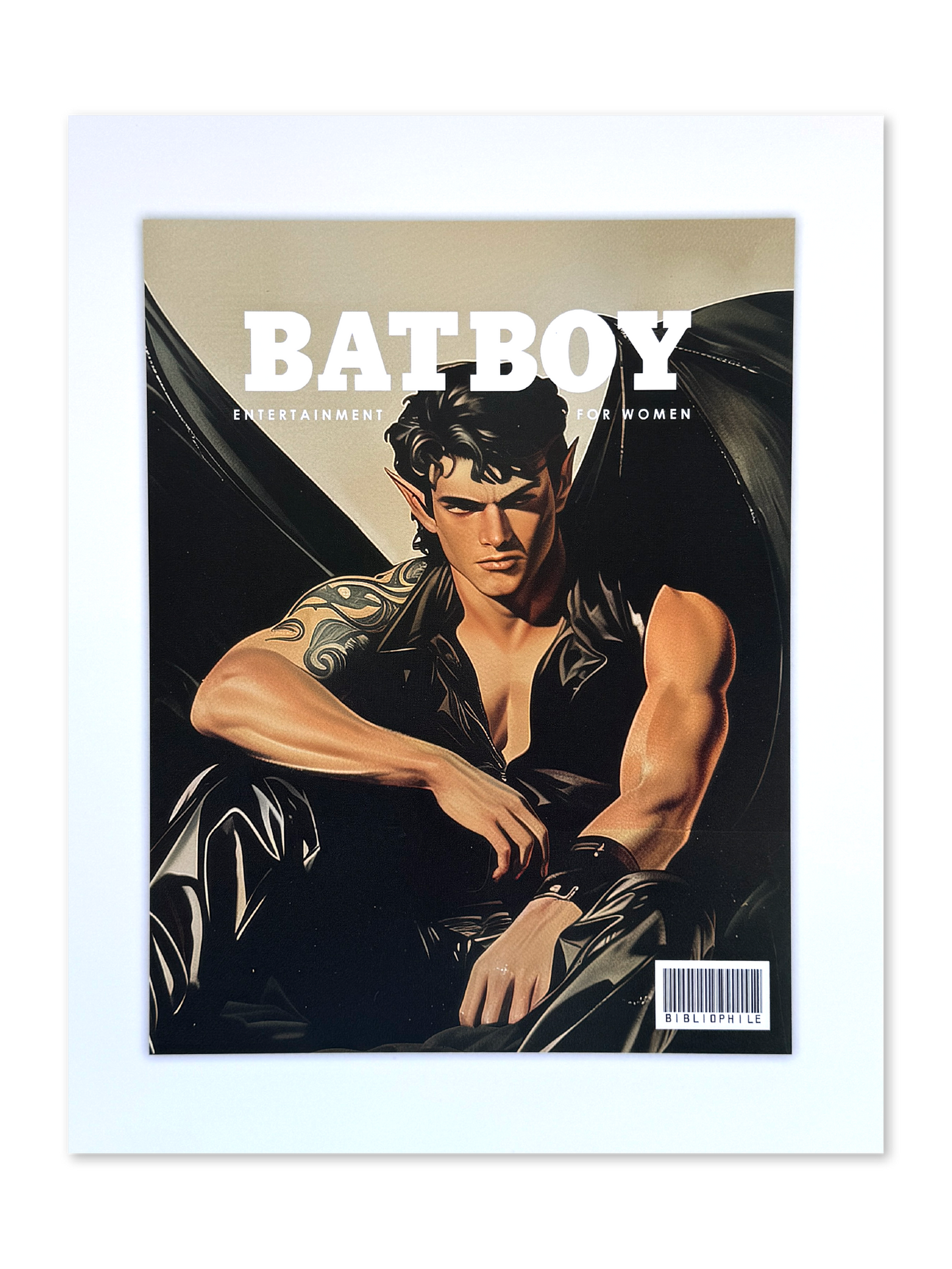Photo of an art print of a man with bat wings and tattoos, rhysand, with "batboy" written on top, entertainment for women underneith, and the bibliophile logo in the corner
