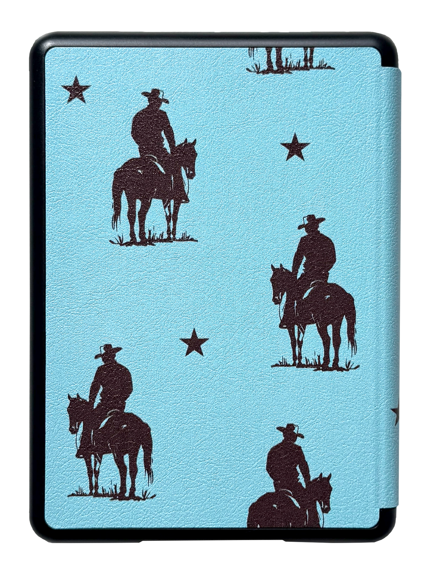 Photo of the back of a Bibliophile kindle case with brown cowboys and stars and a light blue background