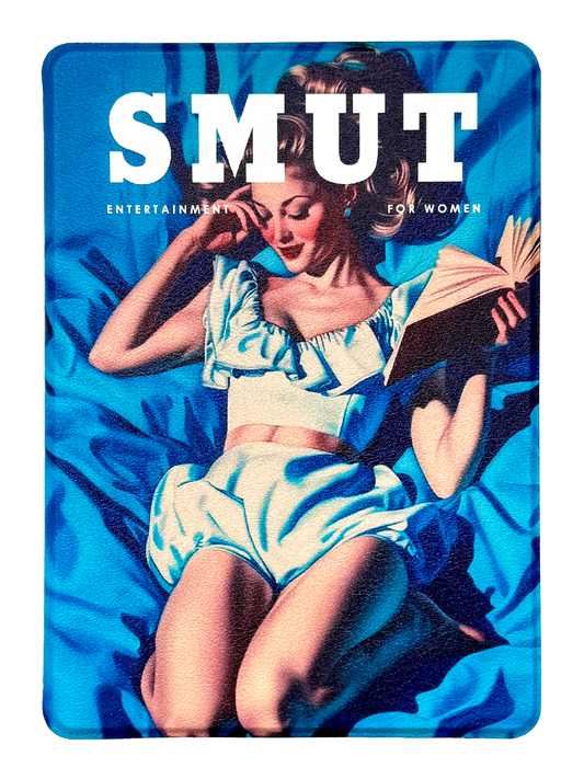 Photo of a kindle case that says "SMUT" across the top and "entertainment for women" with a illustration of a girl reading a book