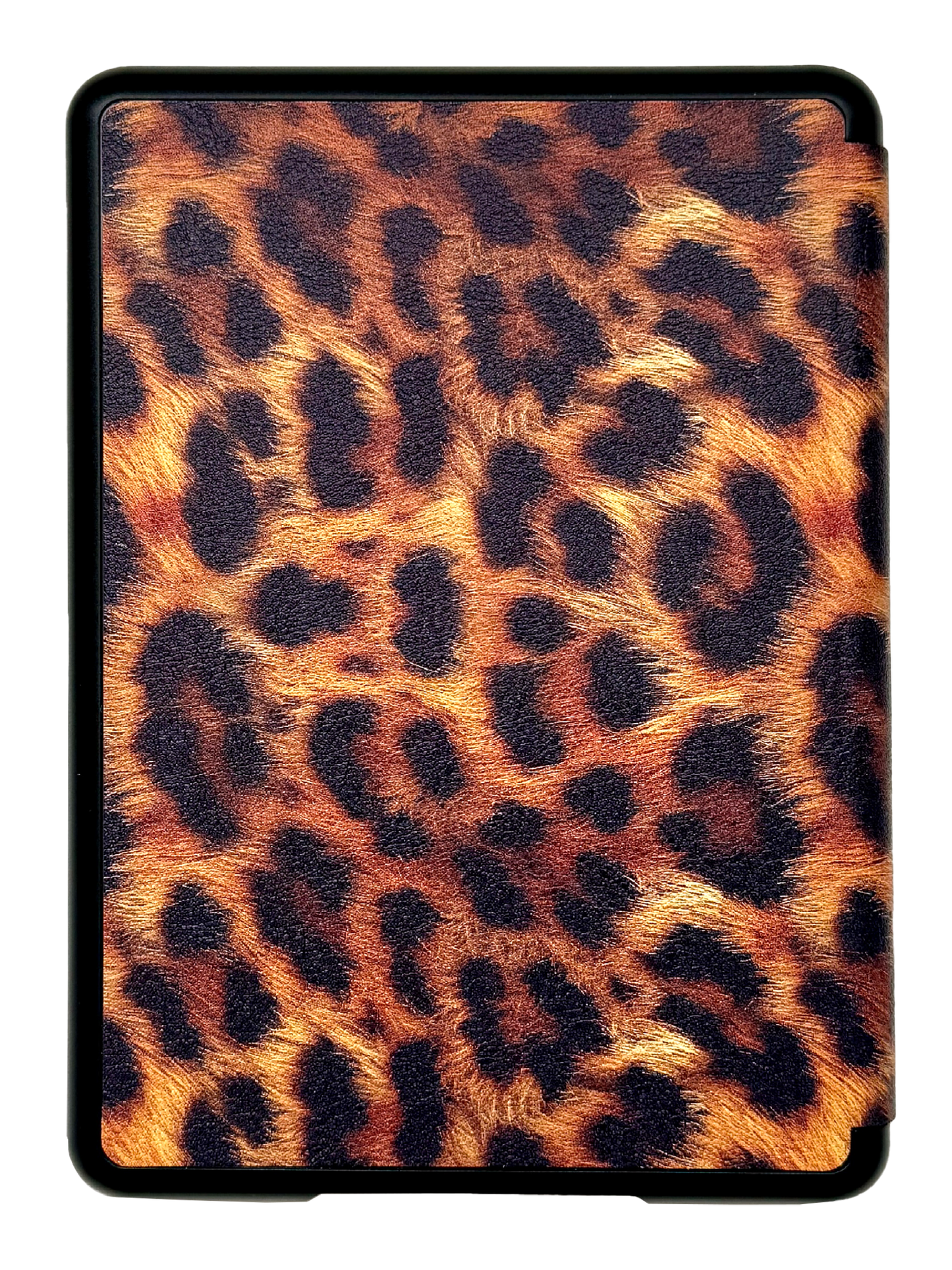 Photo of the back of a kindle case that has a leopard design on it