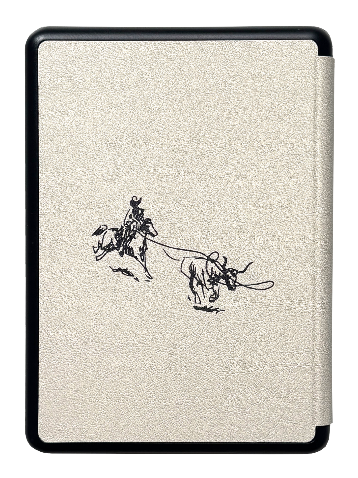 Photo of the back of a bibliophile kindle case with a hand drawn cowboy roping a steer