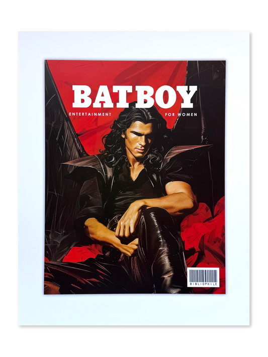Photo of an art print of a man with bat wings, Cassian, with "batboy" written on top, entertainment for women underneith, and the bibliophile logo in the corner