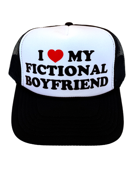 Photo of a white and black trucker hat that says "I heart my fictional boyfriend"