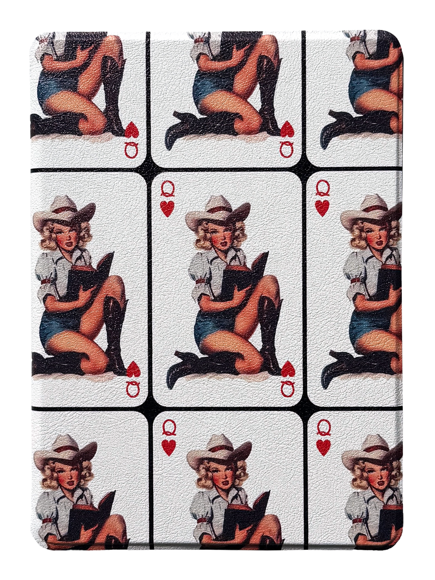 Photo of the front of a Bibliophile kindle case with playing cards on it that has a cowgirl reading a book on the cards.