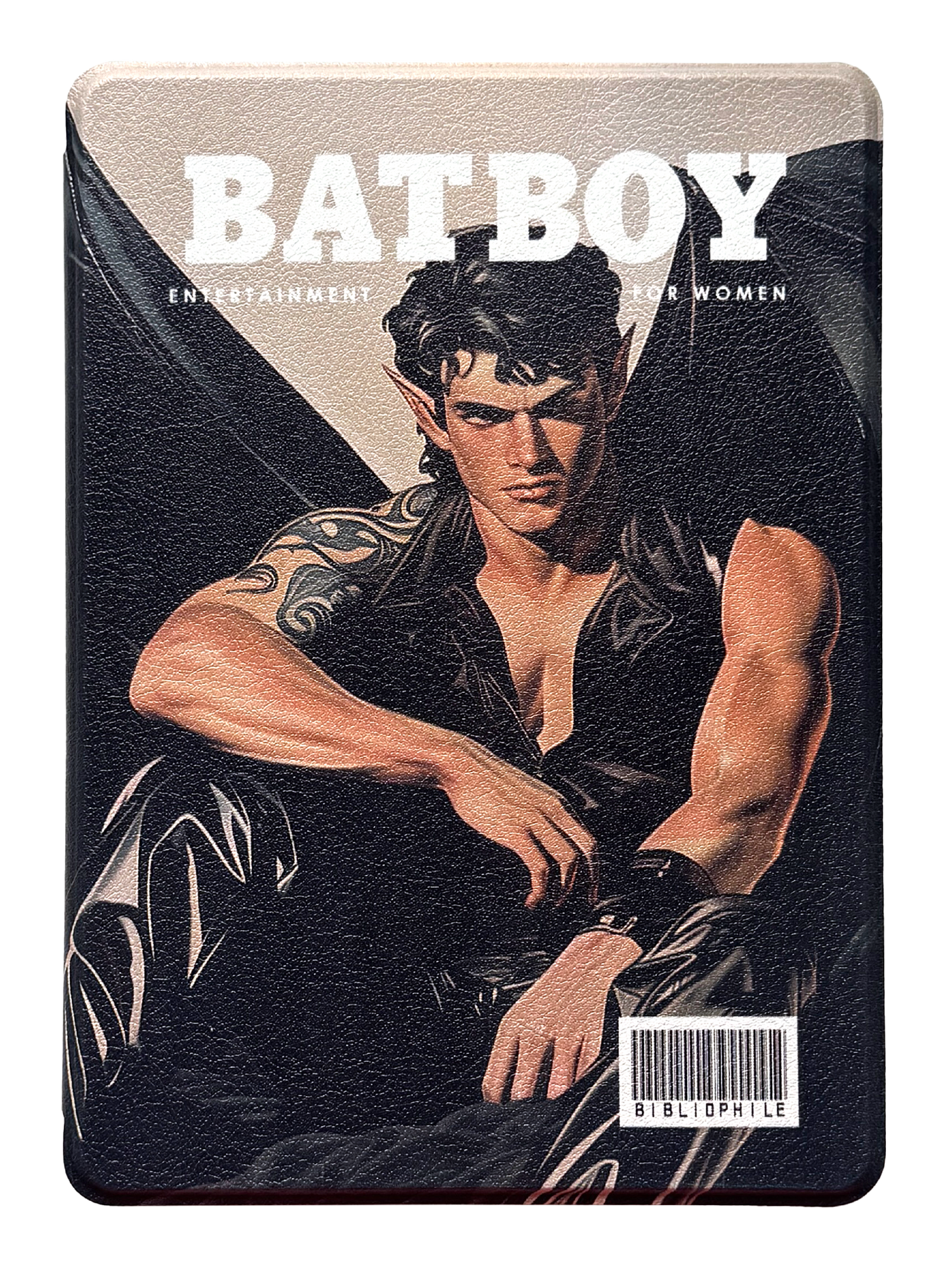 Photo of the front of a kindle case that says "BATBOY" and "Entertainment for women" with a photo of Rhysand