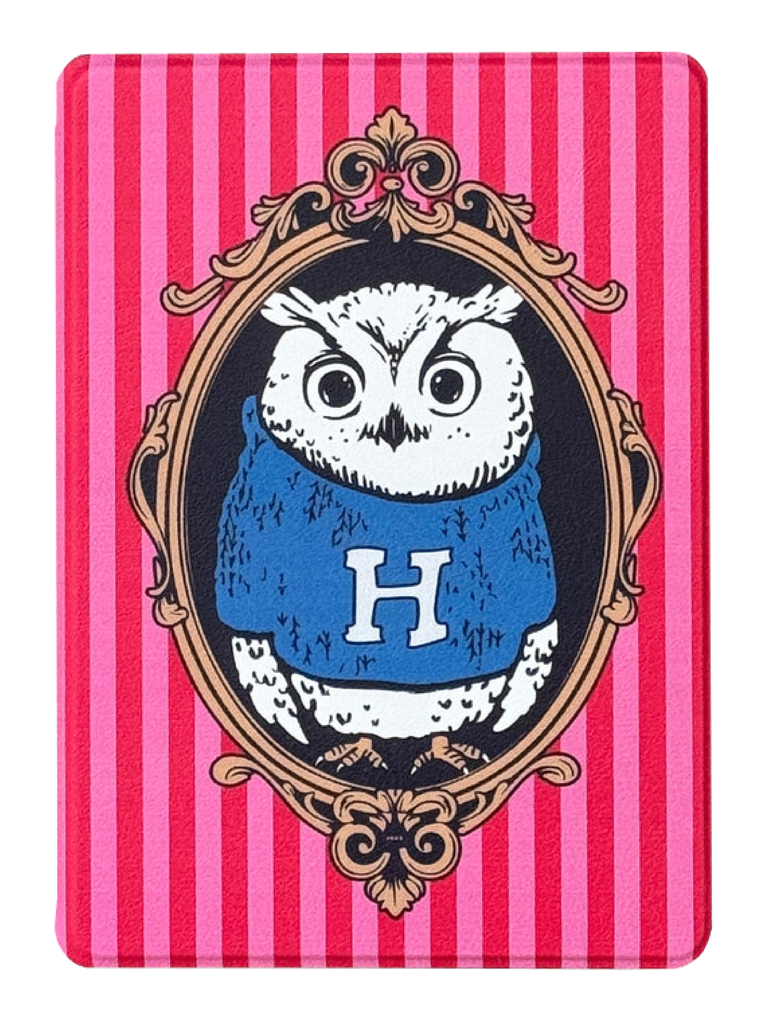 Photo of the front of a bibliophile kindle case that has an owl on it wearing a sweater with an H on it with a frame around him and red and pink stripes